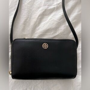 Tory Burch Black Leather Crossbody Wallet with Gold Logo